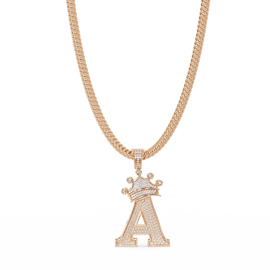 Crowned Letter A Iced Diamond Initial Pendant Necklace - HIGHCARAT DIAMONDS