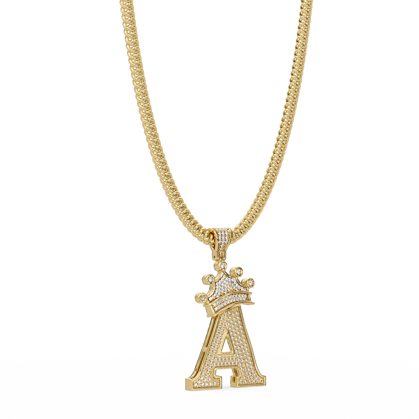 Crowned Letter A Iced Diamond Initial Pendant Necklace - HIGHCARAT DIAMONDS
