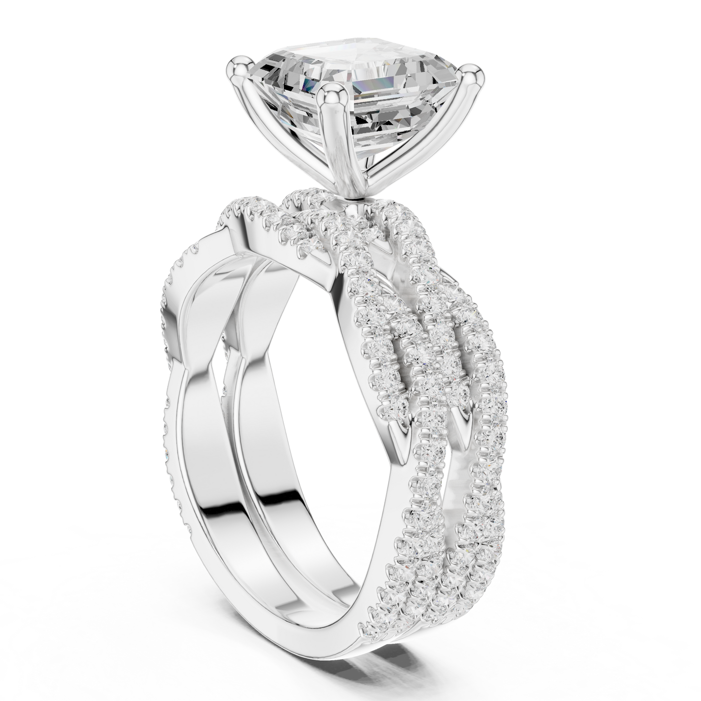 Asscher Cut  Lab Grown Diamond 14k Solid Gold  Wedding Bridal Set Hidden Halo Ring For women's