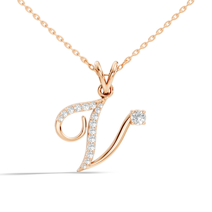 Dainty Round Cut Diamond V Pendant 14K Solid White Gold Minimalist Alphabet Necklace