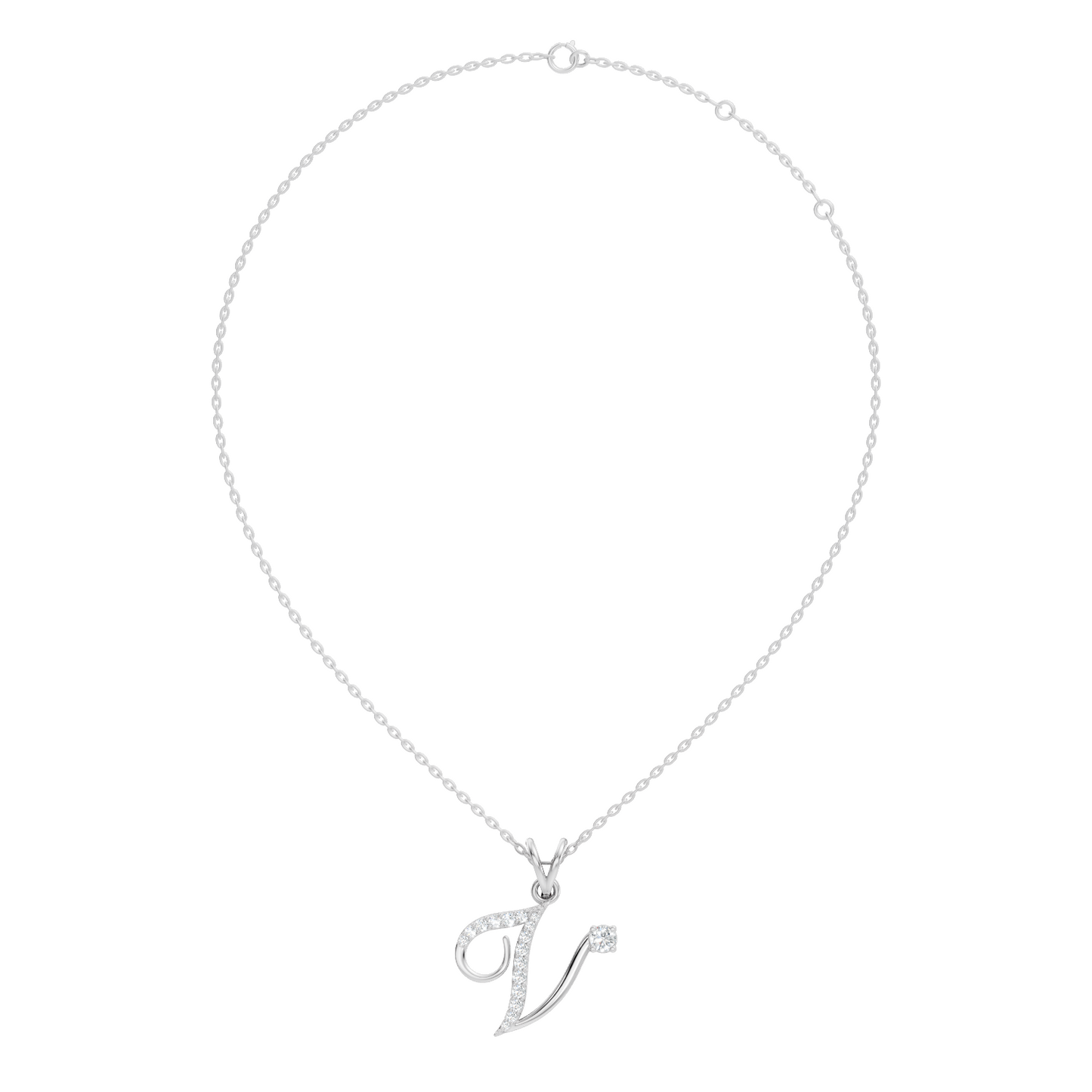 Dainty Round Cut Diamond V Pendant 14K Solid White Gold Minimalist Alphabet Necklace
