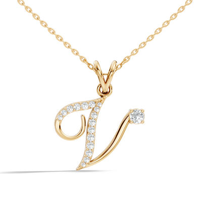 Dainty Round Cut Diamond V Pendant 14K Solid White Gold Minimalist Alphabet Necklace