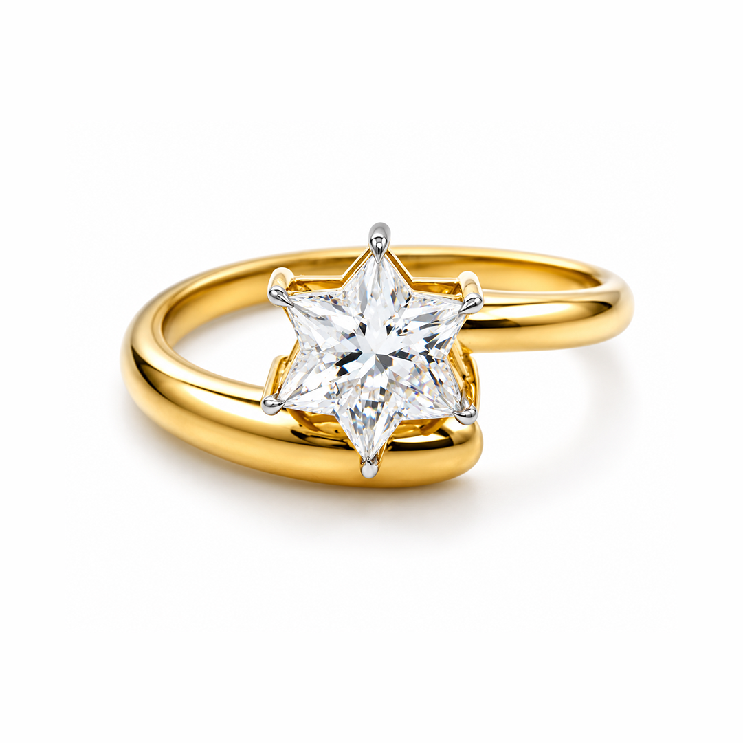 David Star Cut Lab Grown Diamond Solitaire Yellow Solid Gold Ring - HIGHCARAT DIAMONDS