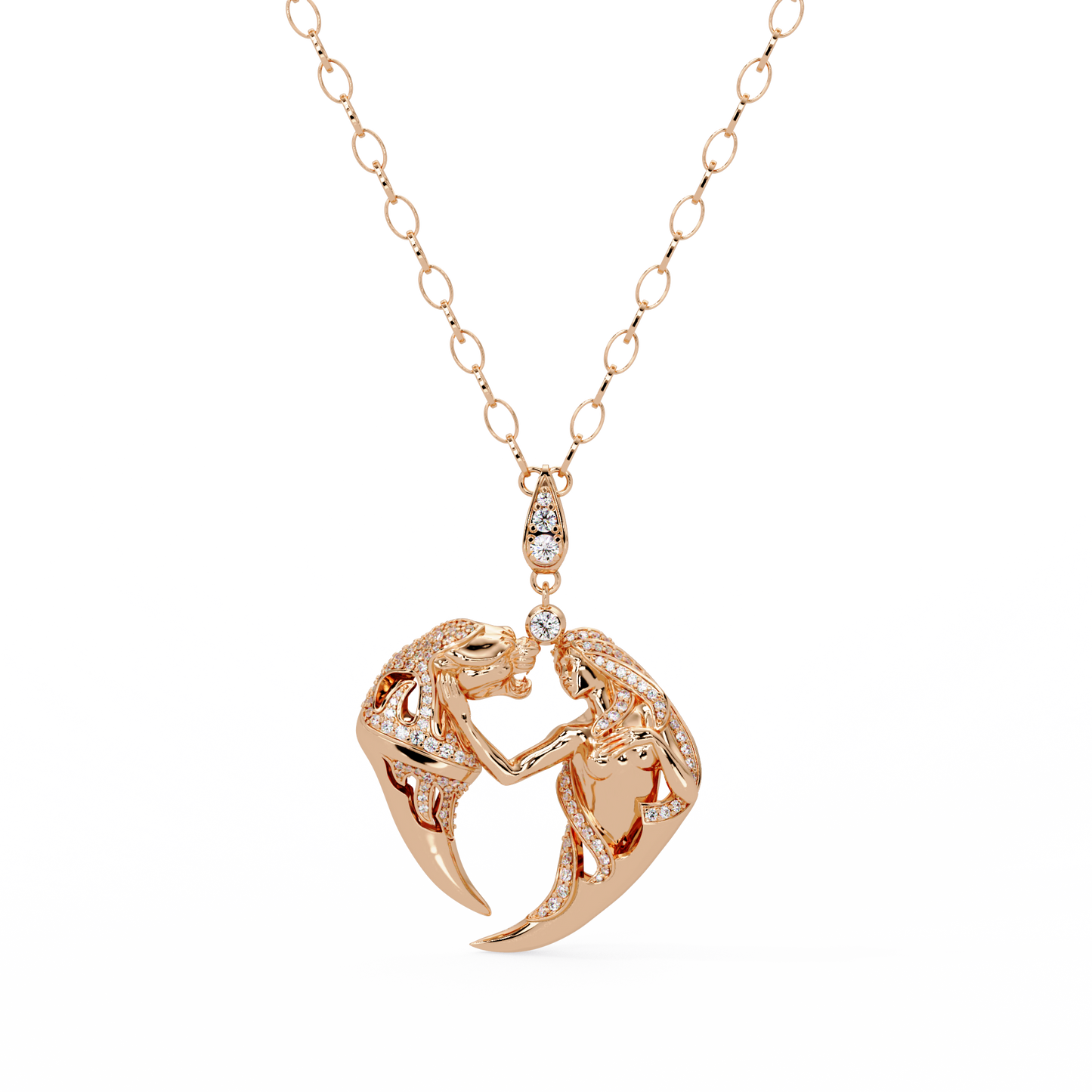Dual Mermaid Shape Diamond Pendant Necklace in Rose Gold - HIGHCARAT DIAMONDS