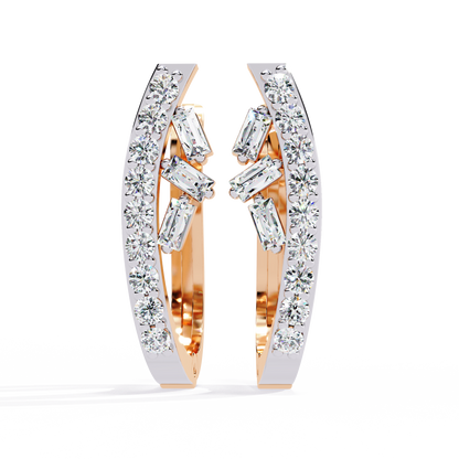 Baguette And Round Cut Diamond Sparkling Art Deco Dainty Cluster Statement Party Wear Hoop Earring Gift For Her