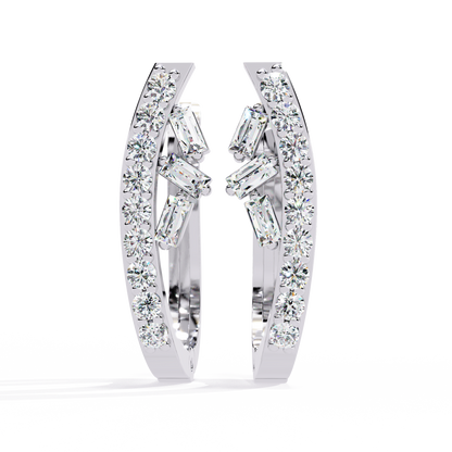 Baguette And Round Cut Diamond Sparkling Art Deco Dainty Cluster Statement Party Wear Hoop Earring Gift For Her