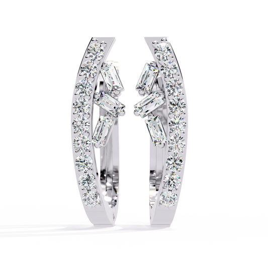Baguette And Round Cut Diamond Sparkling Art Deco Dainty Cluster Statement Party Wear Hoop Earring Gift For Her