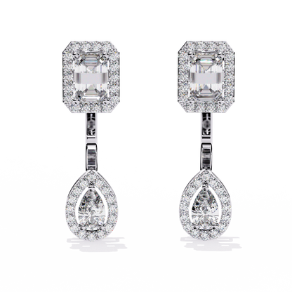 2.12ct Emerald, Pear And Round Cut High Quality Diamond Dainty Halo Style Minimalist Classic Wedding Wear Earring