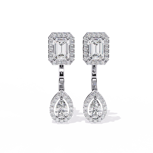 2.12ct Emerald, Pear And Round Cut High Quality Diamond Dainty Halo Style Minimalist Classic Wedding Wear Earring