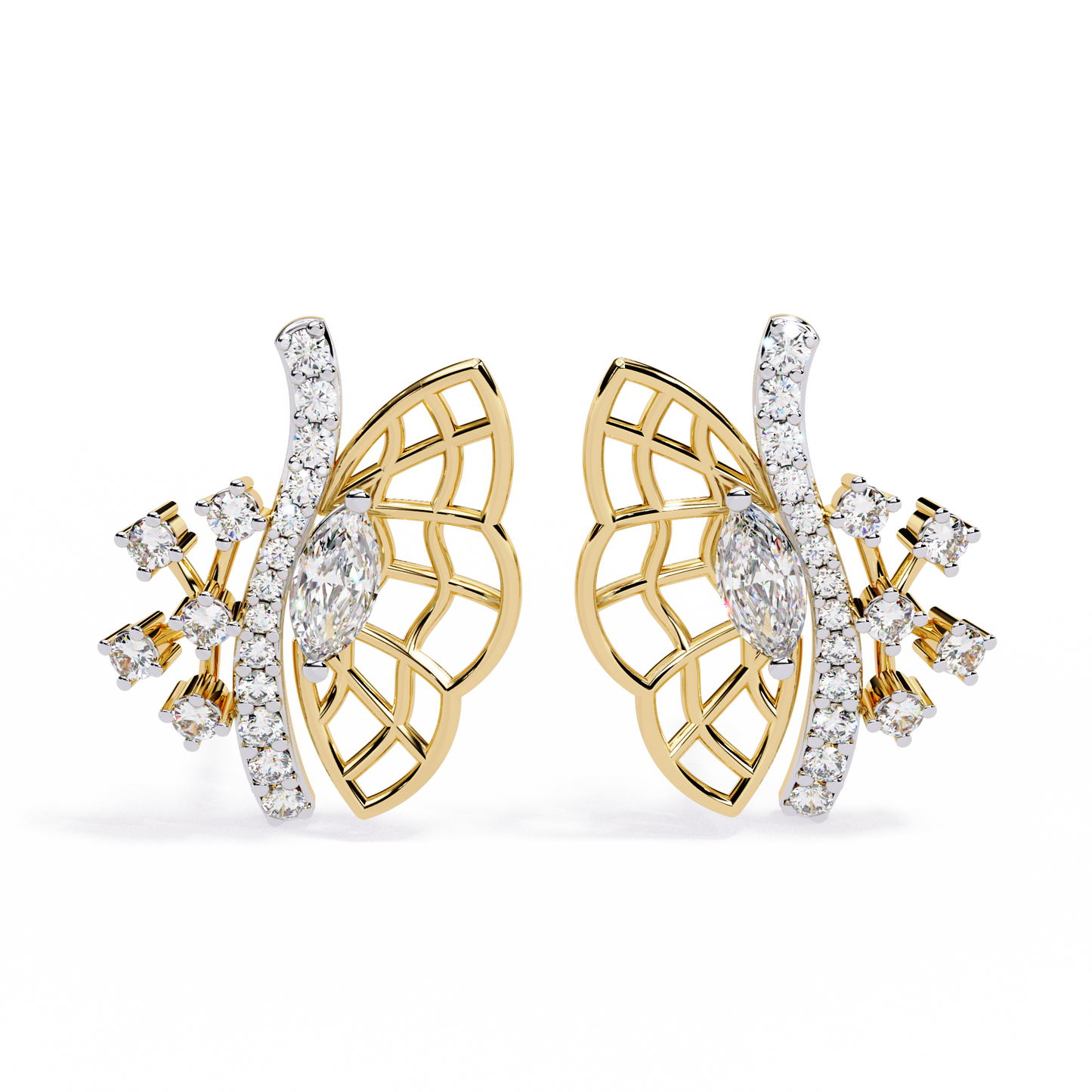 Round Cut Lab Grown & Natural Diamond Butterfly Shape Delicate Cluster Handmade Statement Stud Earring
