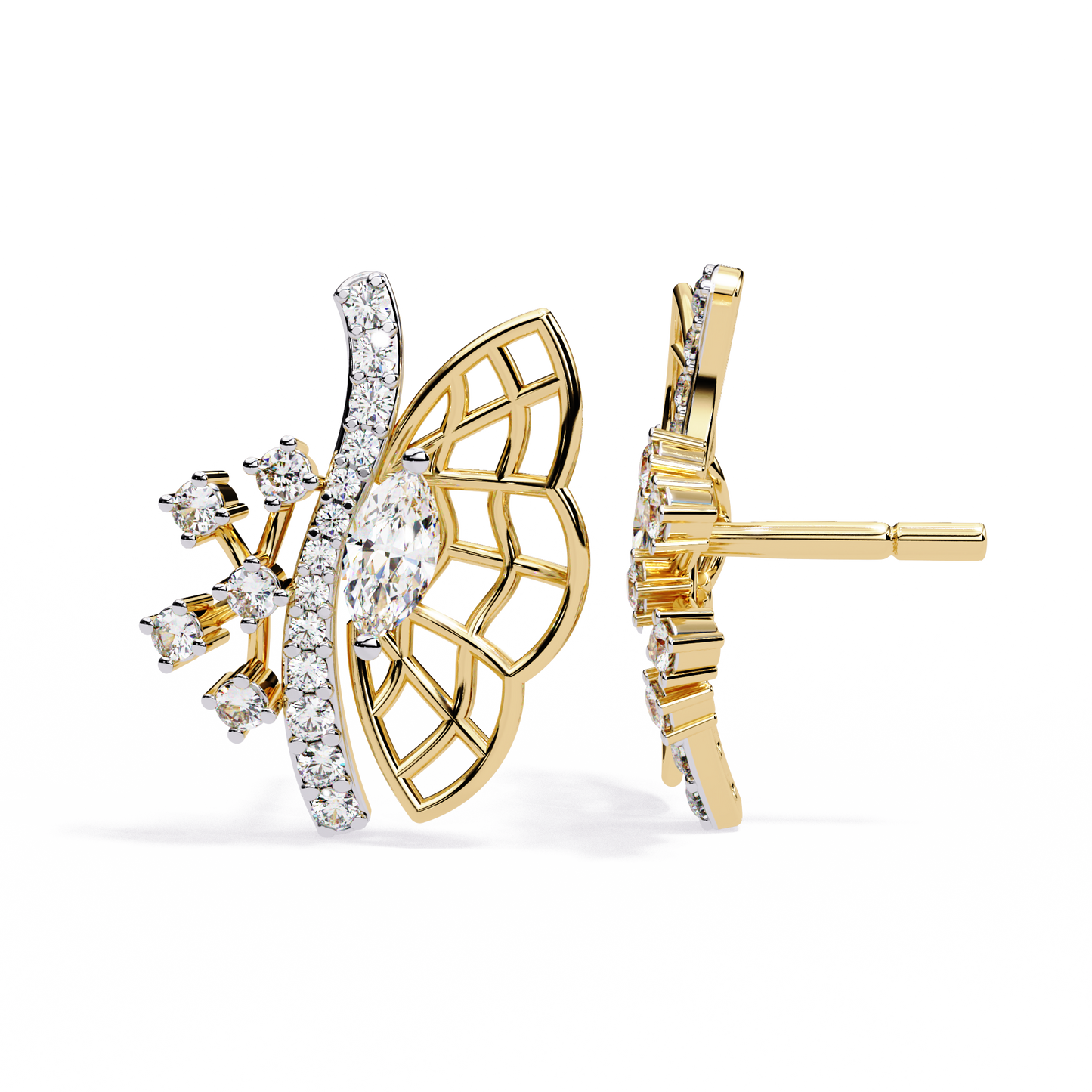 Round Cut Lab Grown & Natural Diamond Butterfly Shape Delicate Cluster Handmade Statement Stud Earring