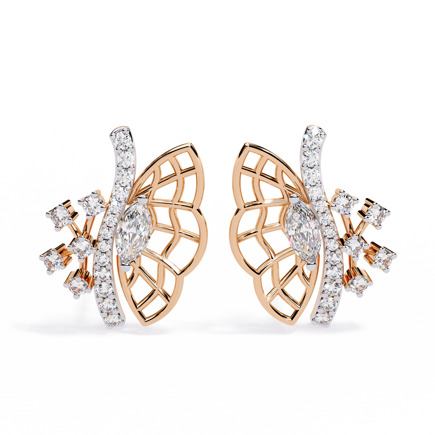 Round Cut Lab Grown & Natural Diamond Butterfly Shape Delicate Cluster Handmade Statement Stud Earring