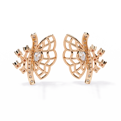 Round Cut Lab Grown & Natural Diamond Butterfly Shape Delicate Cluster Handmade Statement Stud Earring