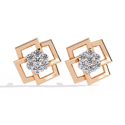 Round Cut Lab Grown Diamond Flower Shape 14K Solid Yellow Gold  Antique Dainty Stud Earring For Eco Friendly Gift