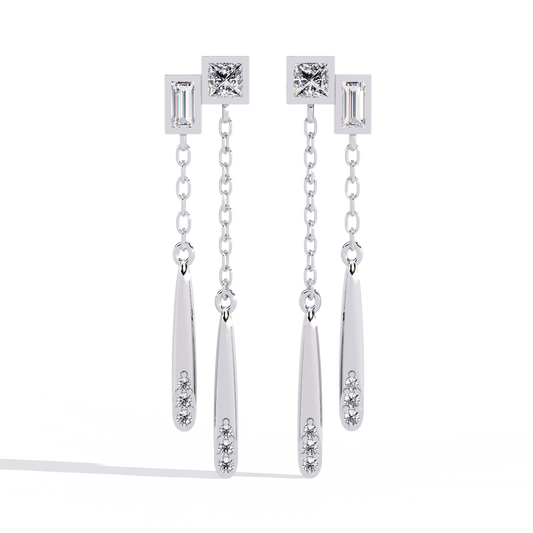 Baguette And Princess Cut Diamond Elegant Classic 10K Solid Yellow Gold Chain Drop Earring Gift For Women's