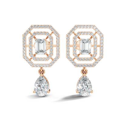 Elegant  2.48 Ct Emerald Cut Diamond Earrings with Pear Drop Accent In 14K Solid Gold
