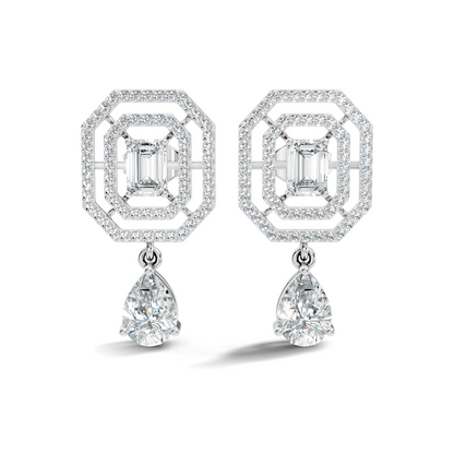 Elegant  2.48 Ct Emerald Cut Diamond Earrings with Pear Drop Accent In 14K Solid Gold