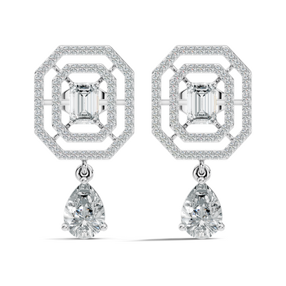 Elegant  2.48 Ct Emerald Cut Diamond Earrings with Pear Drop Accent In 14K Solid Gold
