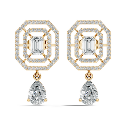 Elegant  2.48 Ct Emerald Cut Diamond Earrings with Pear Drop Accent In 14K Solid Gold