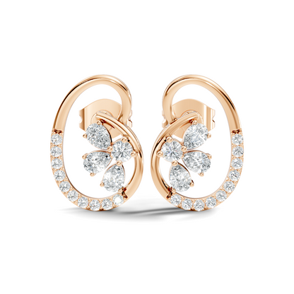 Elegant Oval Frame Floral Pear And Round Diamond Stud Earrings In 14K Solid Rose Gold