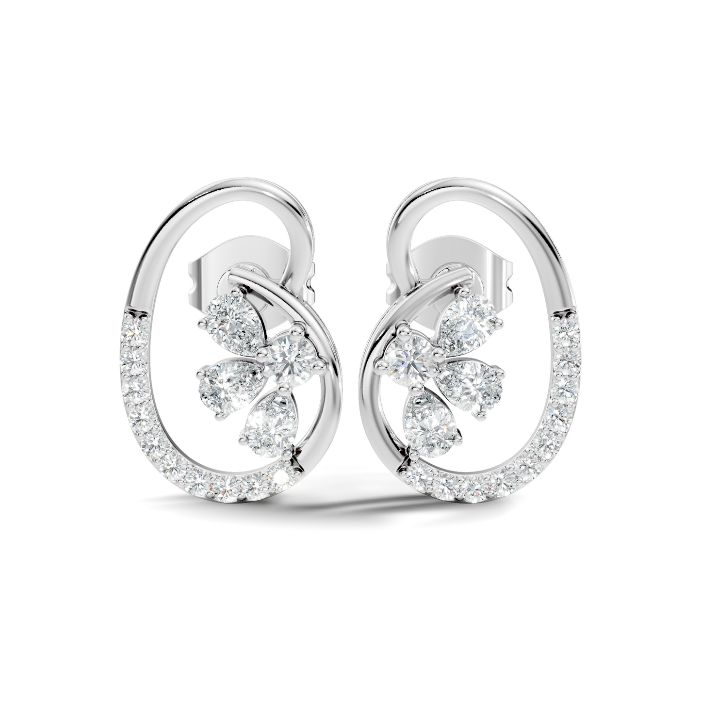 Elegant Oval Frame Floral Pear And Round Diamond Stud Earrings In 14K Solid Rose Gold