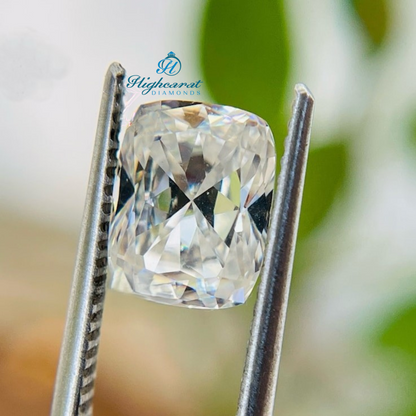 High clarity elongated cushion shape diamond with refined faceting and luxurious appearance