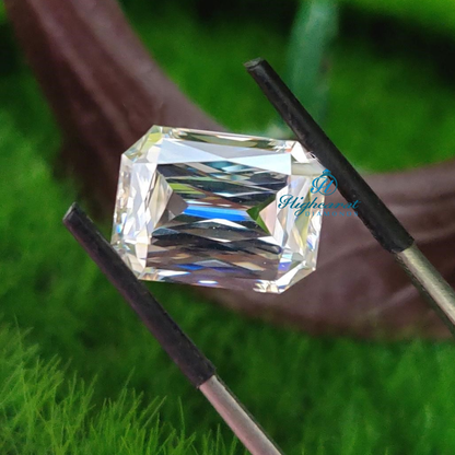 Emerald Criss Cut Lab Grown Diamond with step cut facets and elongated geometry