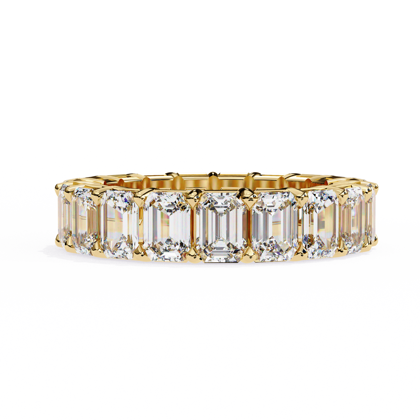 Full eternity ring with emerald cut diamond settings
