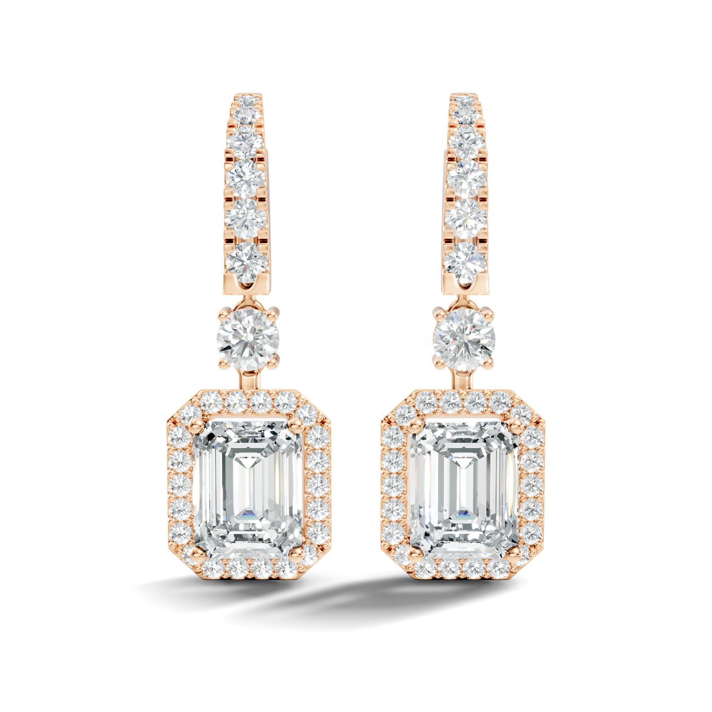 Yellow gold emerald cut halo diamond drop earrings with hanging design