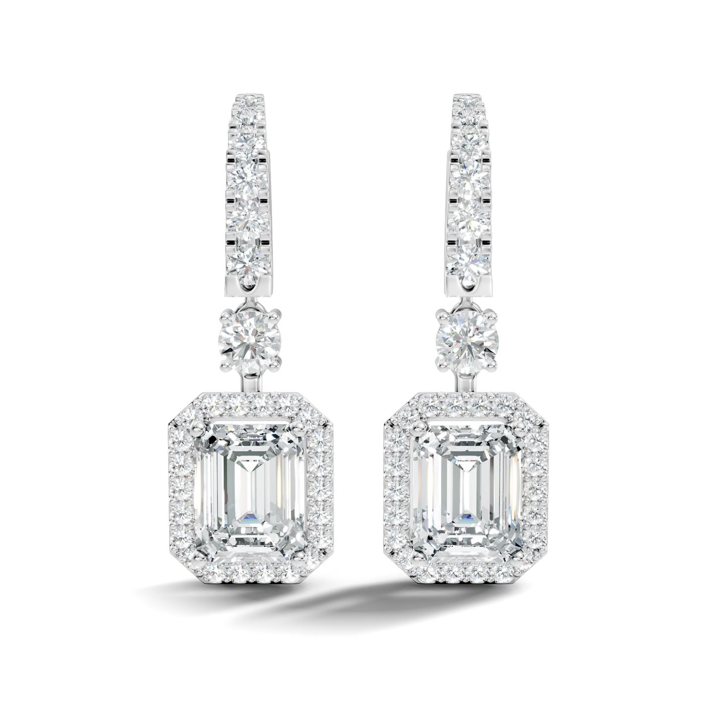Front view of emerald cut lab diamond halo drop earrings in white gold