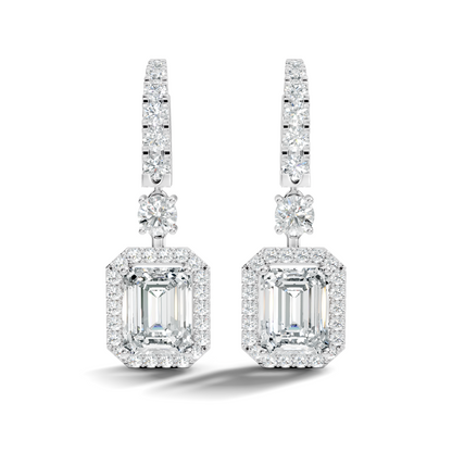 Front view of emerald cut lab diamond halo drop earrings in white gold