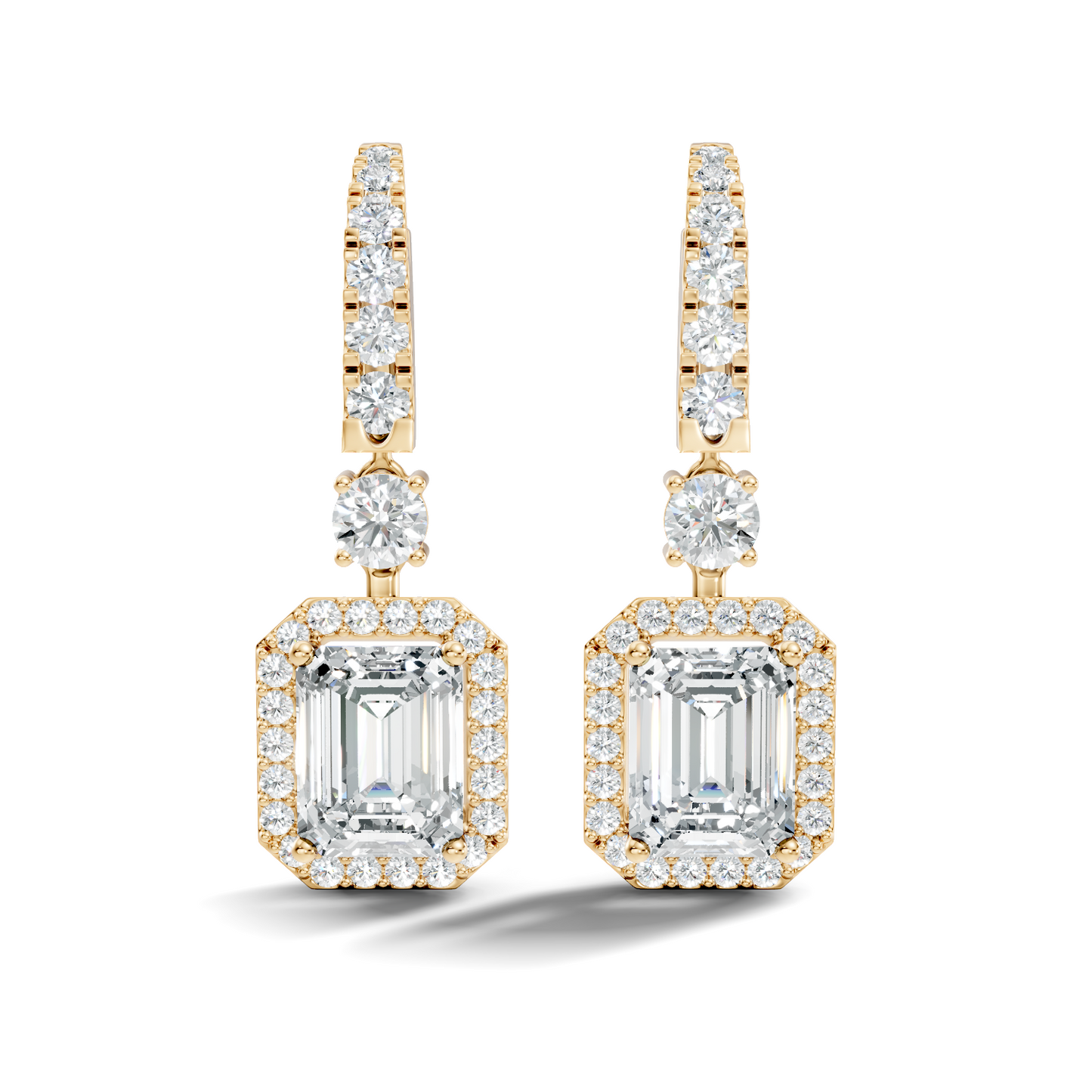 Yellow gold emerald cut halo diamond drop earrings with hanging design