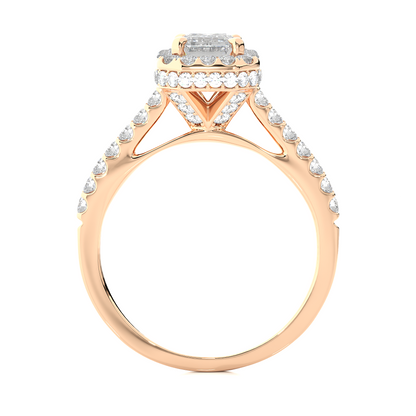 Luxury emerald cut solitaire halo ring on white background