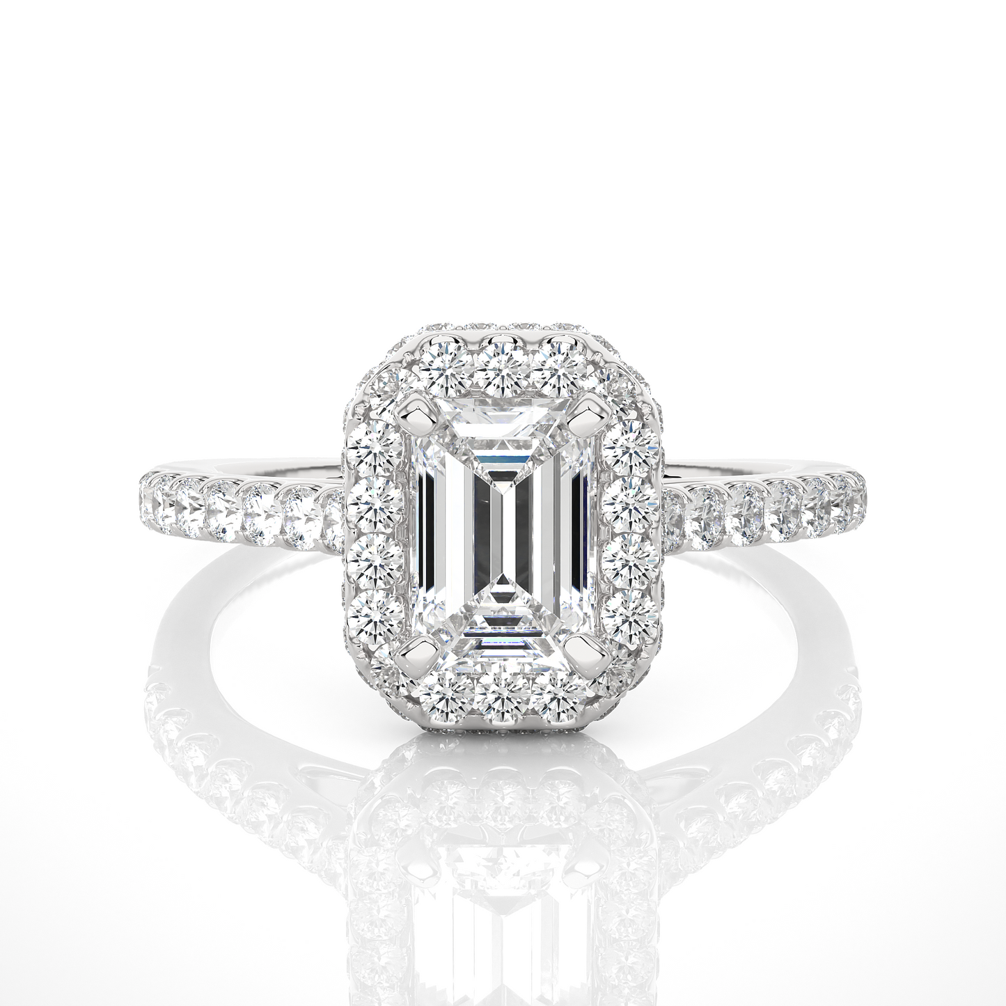 Front view of emerald cut lab grown diamond halo engagement ring