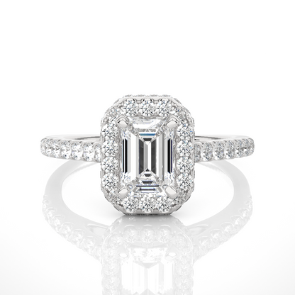 Front view of emerald cut lab grown diamond halo engagement ring