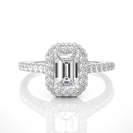 Front view of emerald cut lab grown diamond halo engagement ring