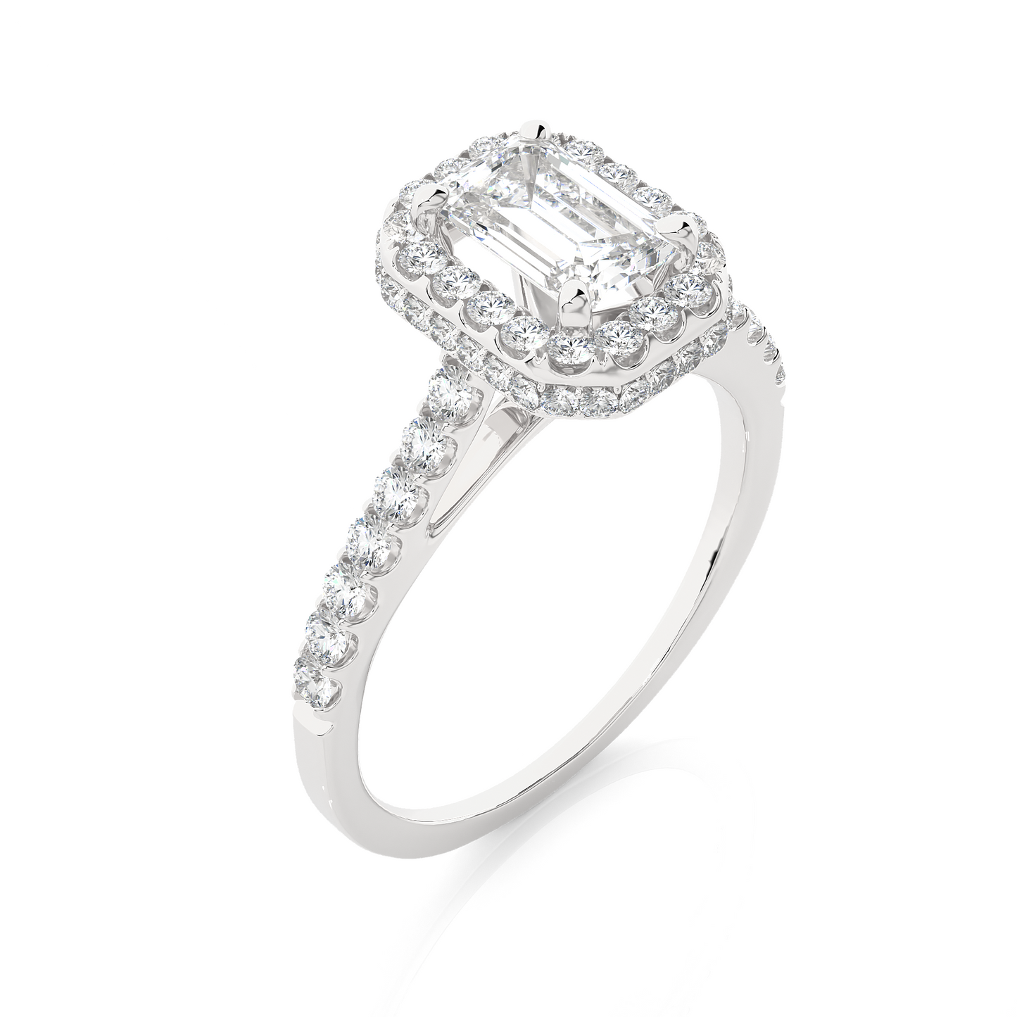 Rectangular emerald cut engagement ring with diamond accented band