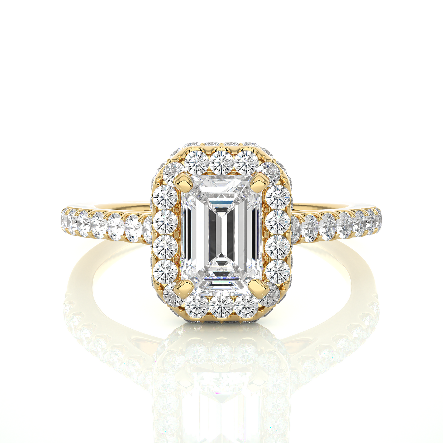 Yellow gold engagement ring with emerald cut center diamond