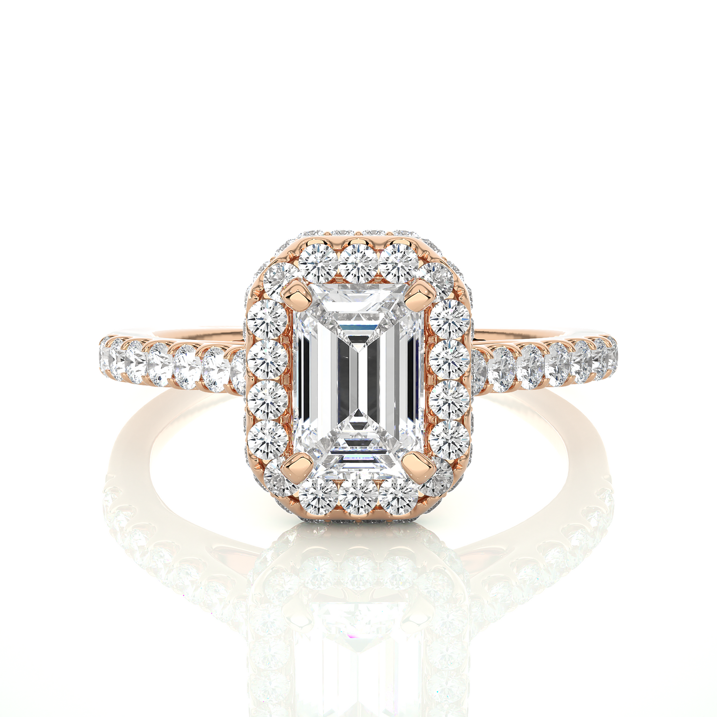 Close up of emerald cut diamond halo ring with pavé band