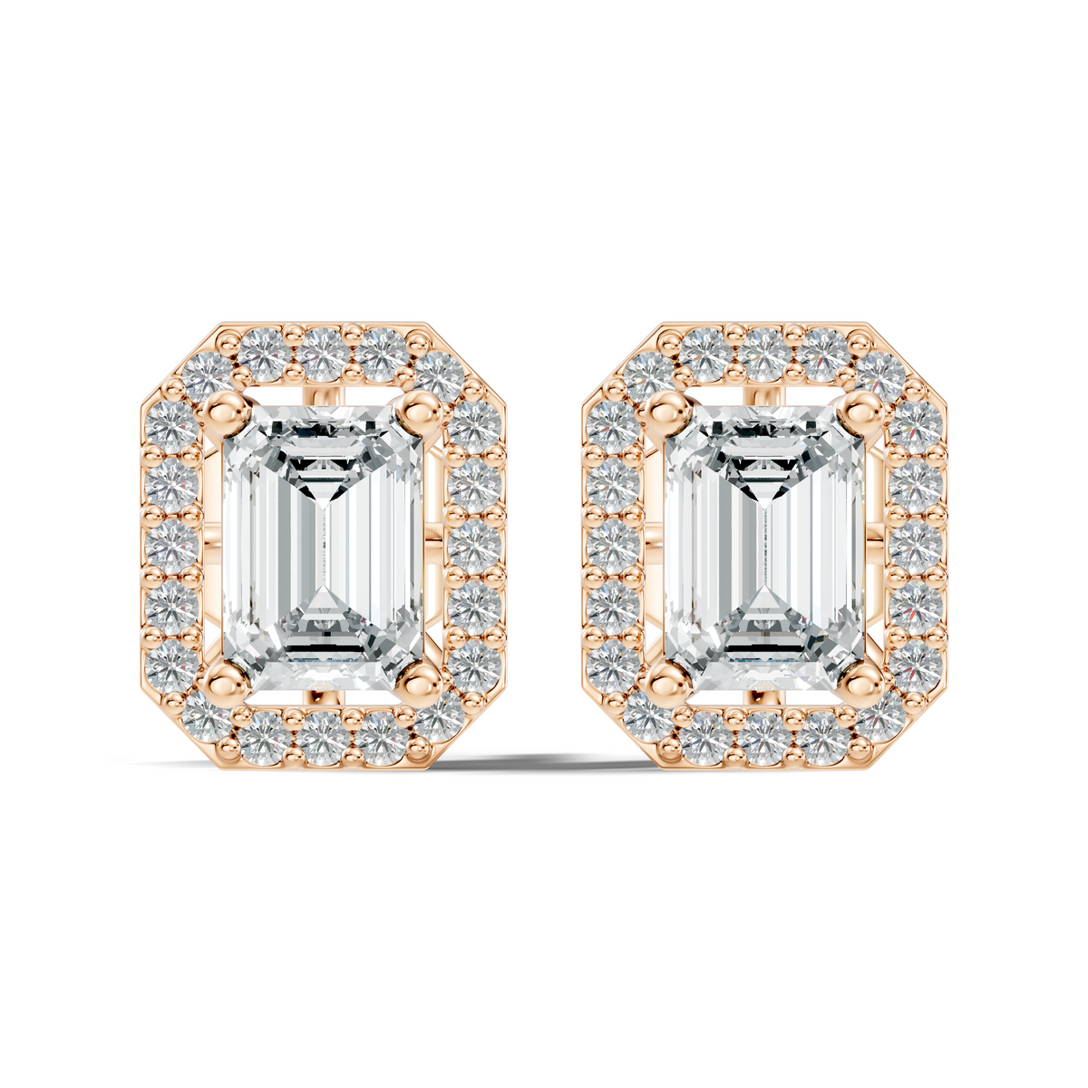 Emerald cut lab grown diamond halo stud earrings in yellow gold