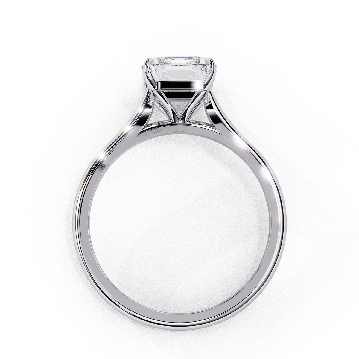 Front view of emerald cut lab grown diamond solitaire ring