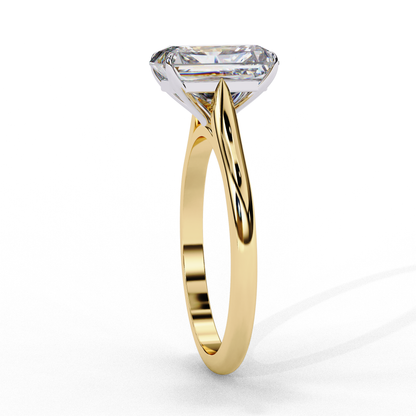 360 view video of emerald cut lab diamond solitaire ring rotating on white background