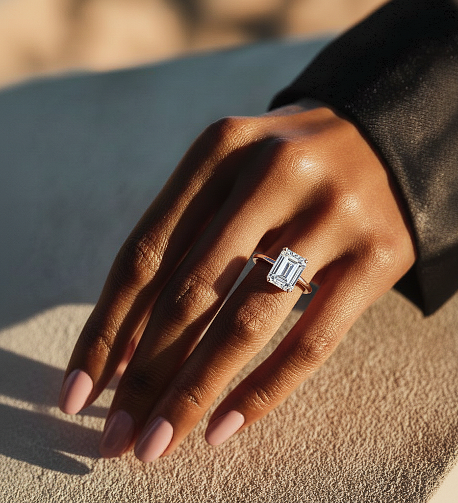 Emerald cut lab diamond ring worn on finger with white gold finish
#wearthelook