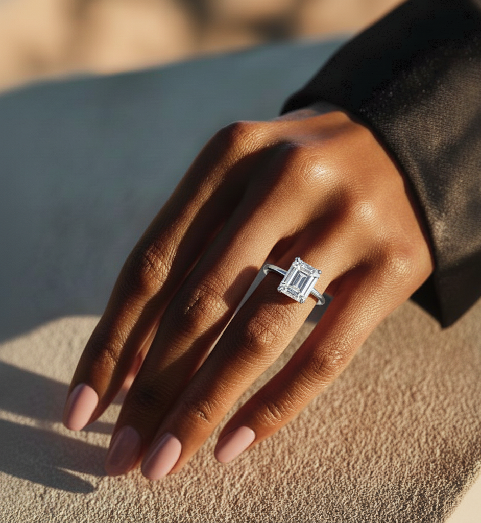 White gold emerald cut diamond ring styled on hand with solitaire setting
#wearthelook