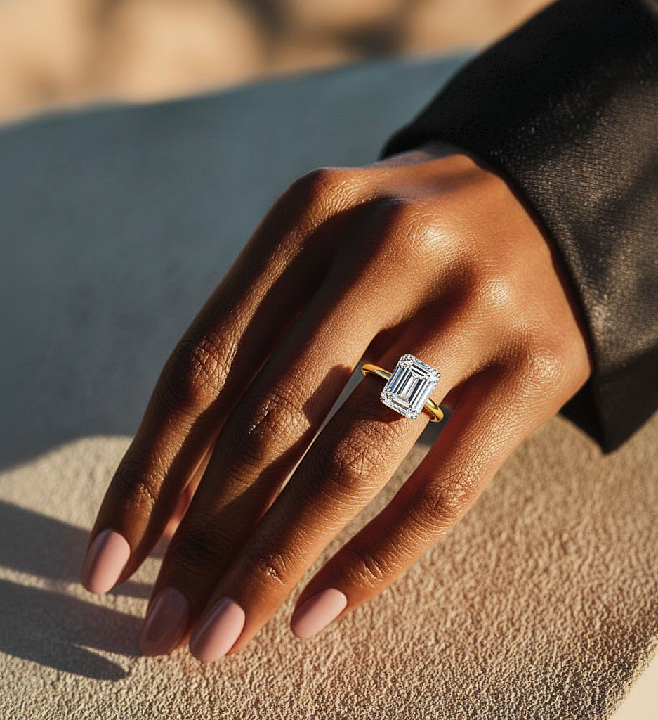 360 view video of emerald cut lab grown diamond solitaire ring rotating on white background#wearthelook