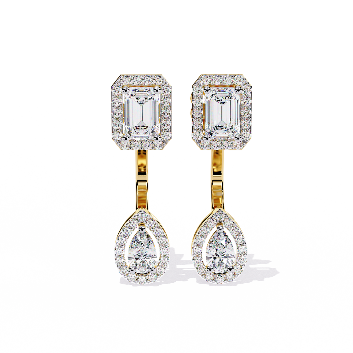 Yellow gold emerald and pear cut diamond drop earrings with halo setting front look
