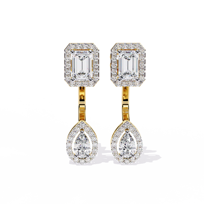 Yellow gold emerald and pear cut diamond drop earrings with halo setting front look