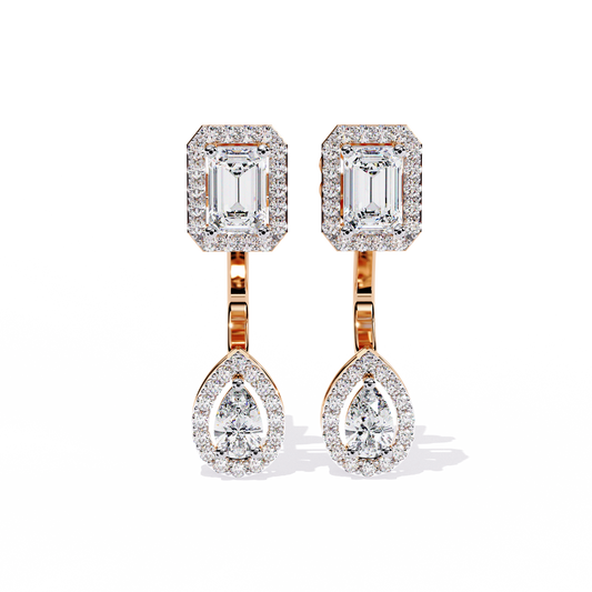 Front view of emerald cut and pear shape lab diamond halo drop earrings in white gold