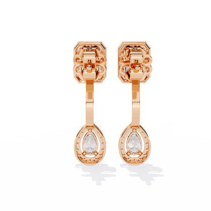 Rose gold lab grown diamond drop earrings with emerald and pear halo design