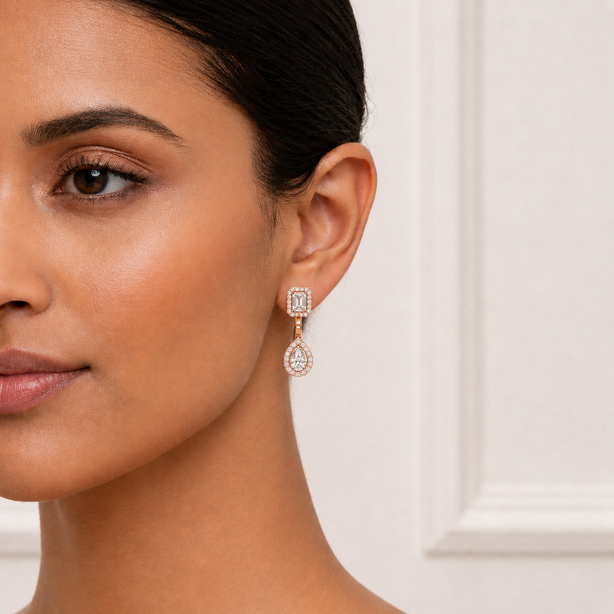 Emerald & Pear Cut Lab Grown Diamond Halo Drop Earring - HIGHCARAT DIAMONDS
